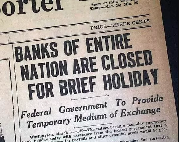 After a month-long-run on American banks, President Franklin Delano Roosevelt proclaims a Bank Holiday, which shut down the banking system. During this time, banks were examined and reopened if found to be solvent.